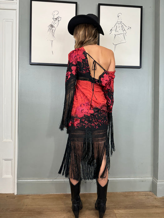 Sienna, 30s embroidered floral fringed draped dress