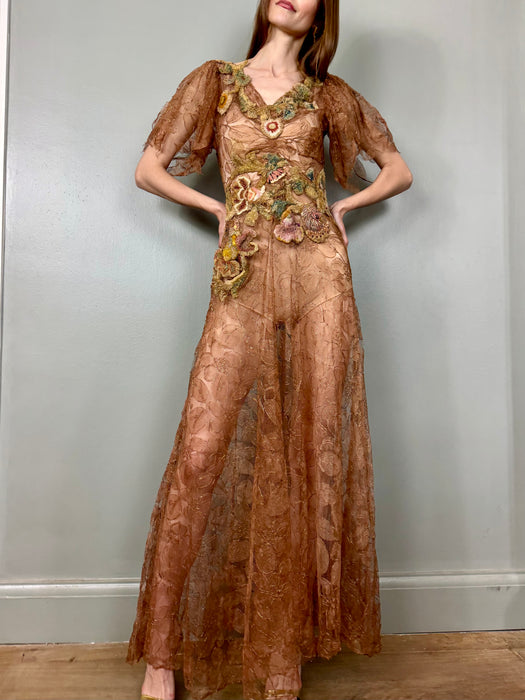 Lyla, 30s bronze lace floral dress with Edwardian chenille appliqués