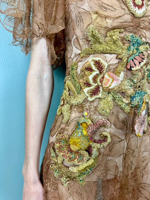 Lyla, 30s bronze lace floral dress with Edwardian chenille appliqués