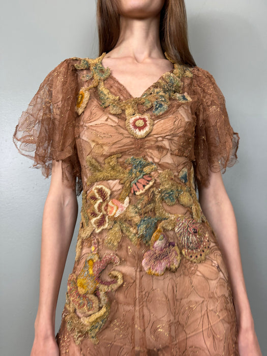 Lyla, 30s bronze lace floral dress with Edwardian chenille appliqués