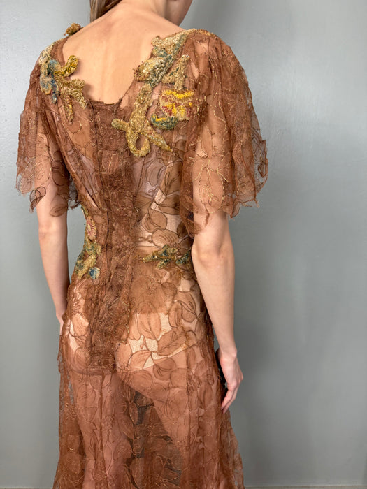 Lyla, 30s bronze lace floral dress with Edwardian chenille appliqués