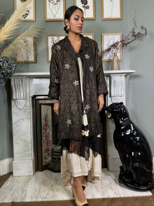 Cleo, 30s floral lamé coat with beaded stars