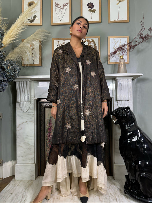 Cleo, 30s floral lamé coat with beaded stars