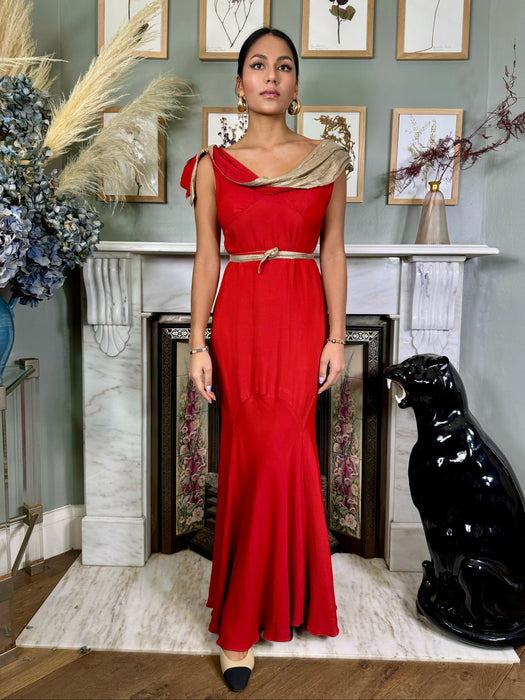 Claudine, 30s red silk and lamé bias cut dress