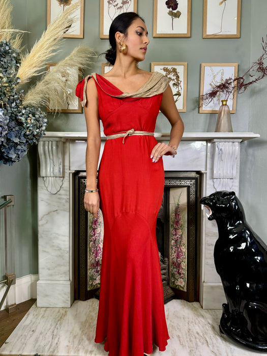 Claudine, 30s red silk and lamé bias cut dress