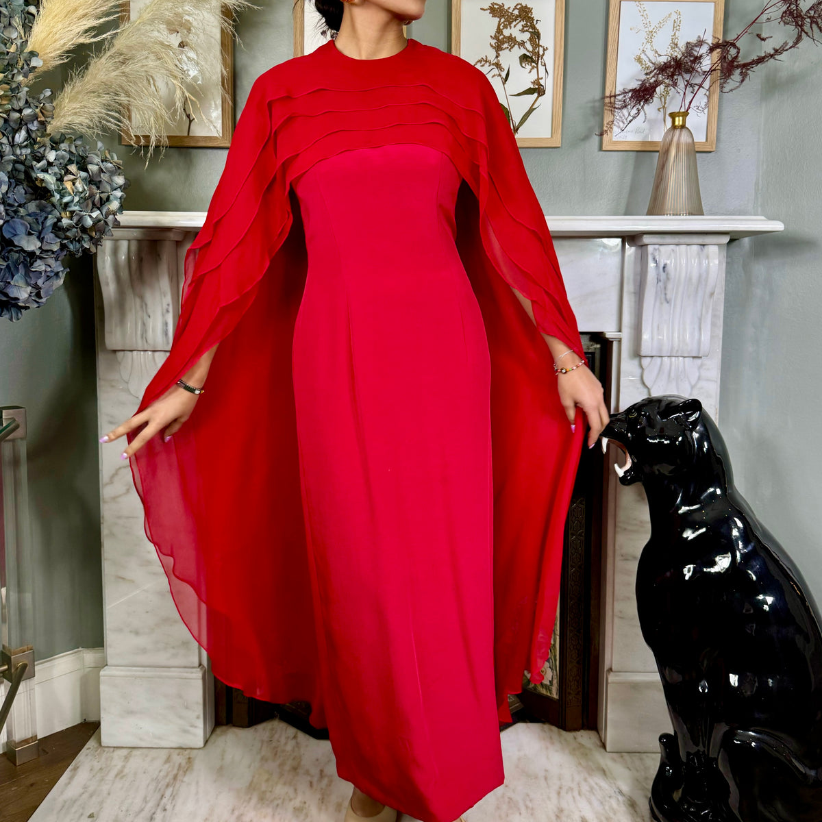 Carolina Herrera, red silk dress with chiffon cape  One Vintage