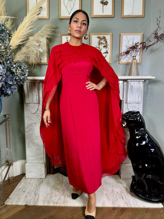 Carolina Herrera, red silk dress with chiffon cape