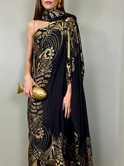 Nina, 20s silk and gold lamé dress with stole