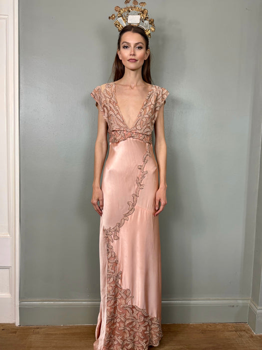 Apero, 30s pink bias cut beaded silk dress Apero, 30s pink bias cut beaded silk dress