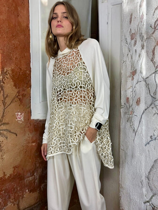 Orca, 70s cream jersey embroidered blouse