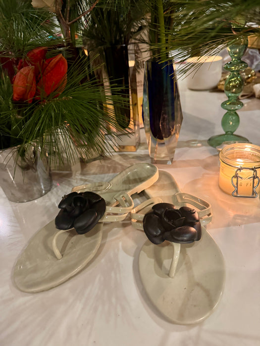 Chanel, camelia leather flower plastic flip flops