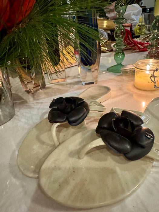 Chanel, camelia leather flower plastic flip flops