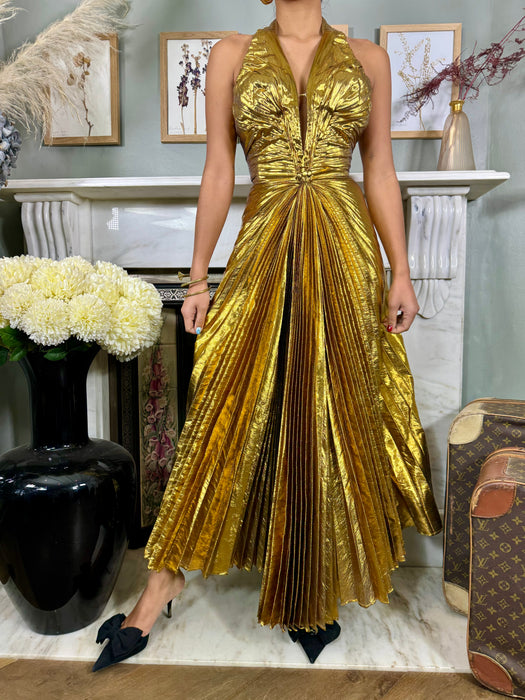 Audrey, 30s gold lamé bespoke pleated dress