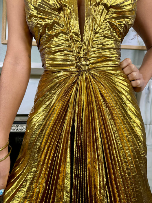 Audrey, 30s gold lamé bespoke pleated dress