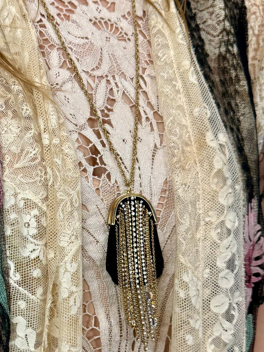 Goa, 20s black mini velvet fringed purse necklace