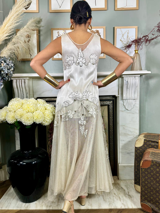 Astra, 30s cream silk and net sequins gown