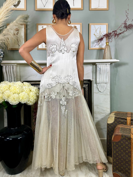 Astra, 30s cream silk and net sequins gown