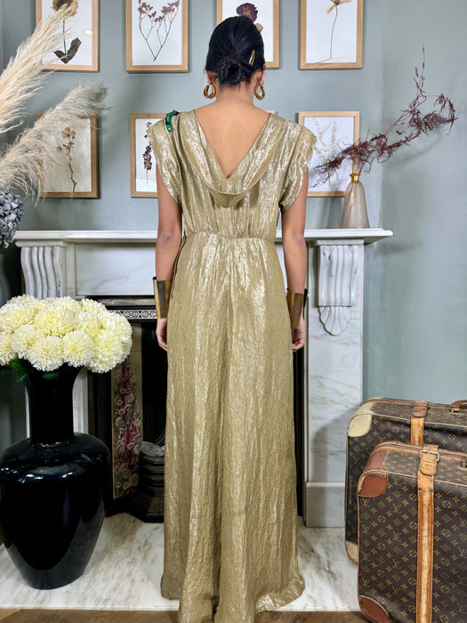 Harper, 30s gold lamé gown with sequinned snake