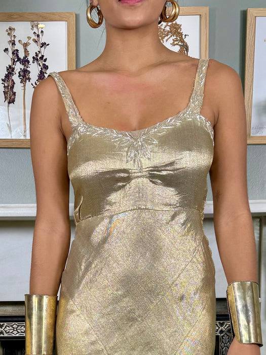 Ventura, 20s gold lamé bias cut dress with embroidery and beading
