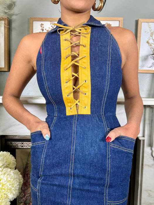 Fiorucci, 70s denim and leather lace up dress