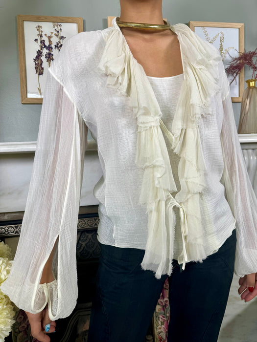 Poet, vintage white blouse with frill neckline