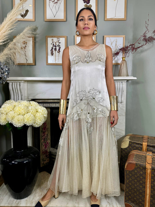 Astra, 30s cream silk and net sequins gown