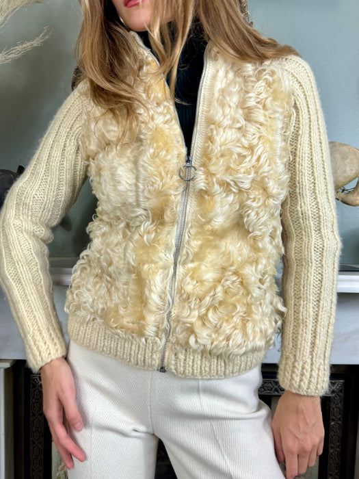 Delilah, 70s cream sheepskin and embroidered zip cardigan