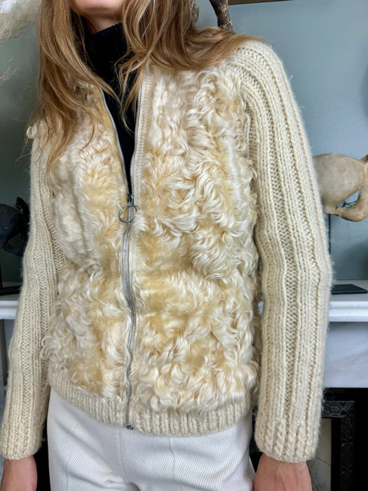 Delilah, 70s cream sheepskin and embroidered zip cardigan