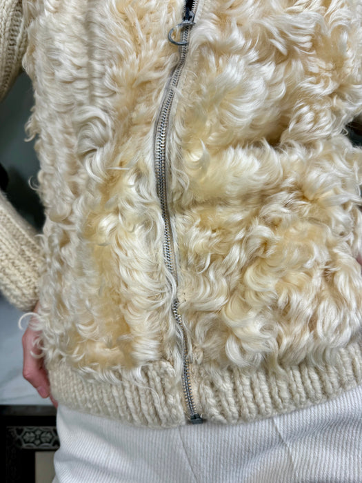 Delilah, 70s cream sheepskin and embroidered zip cardigan