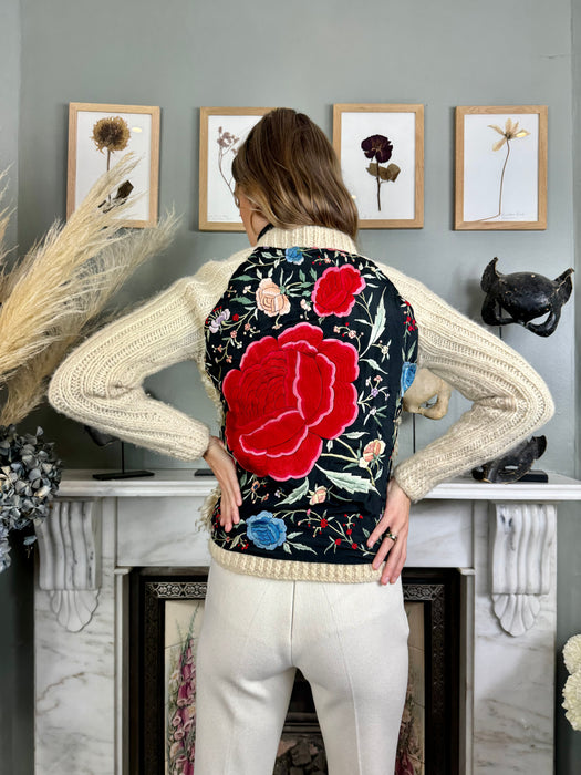 Delilah, 70s cream sheepskin and embroidered zip cardigan