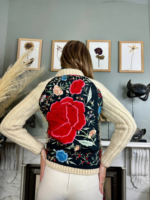 Delilah, 70s cream sheepskin and embroidered zip cardigan
