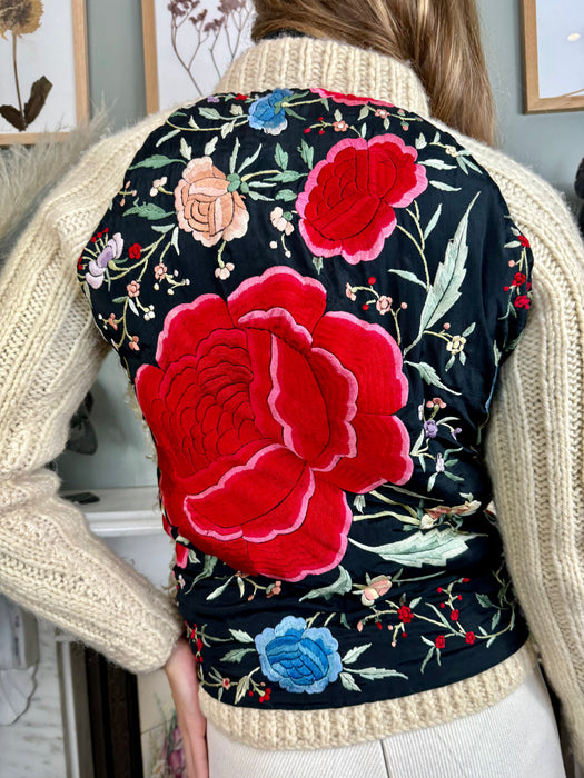 Delilah, 70s cream sheepskin and embroidered zip cardigan