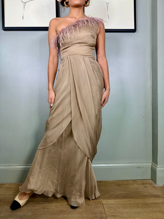 Angela, taupe vintage chiffon and feather dress