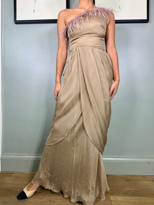 Angela, taupe vintage chiffon and feather dress