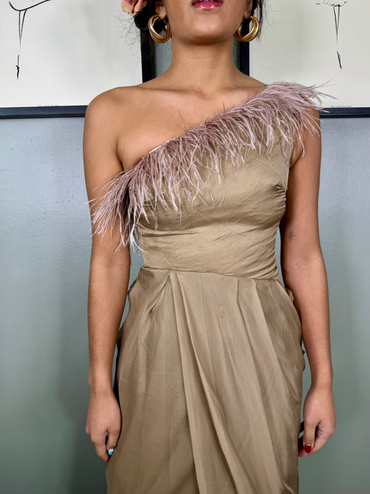 Angela, taupe vintage chiffon and feather dress