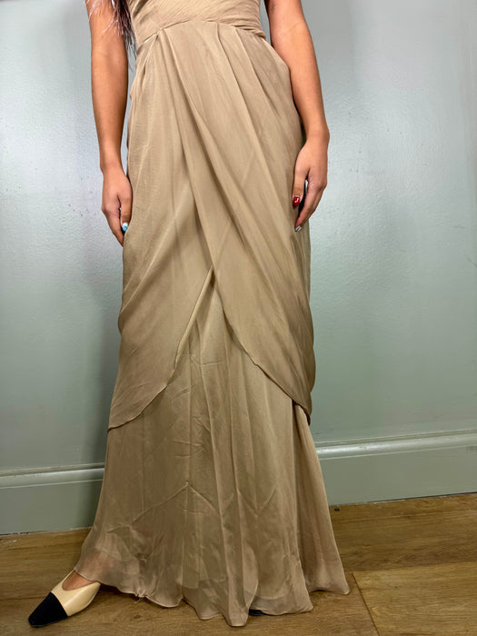 Angela, taupe vintage chiffon and feather dress