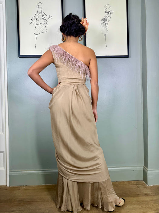 Angela, taupe vintage chiffon and feather dress