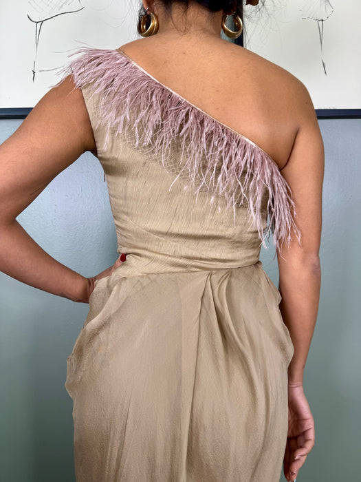 Angela, taupe vintage chiffon and feather dress