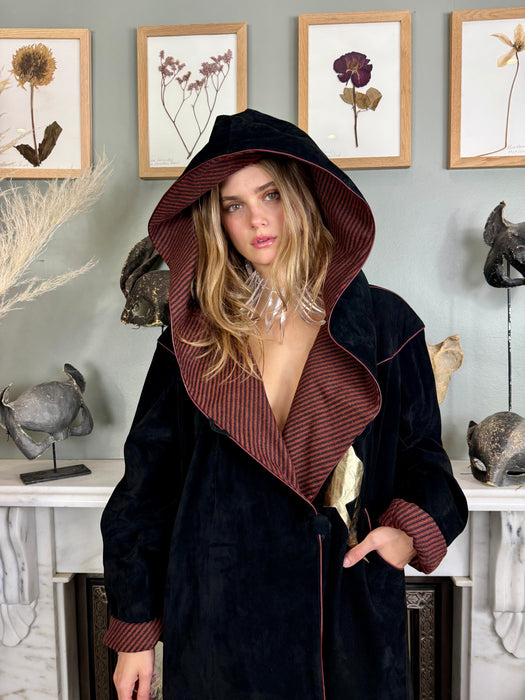 Pandora, 70s black suede patchwork coat