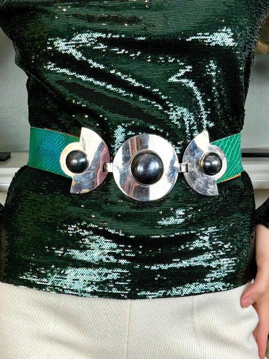 Illia, 60s geometric green leather belt