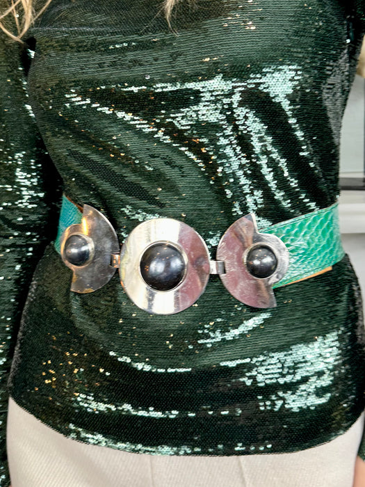 Illia, 60s geometric green leather belt