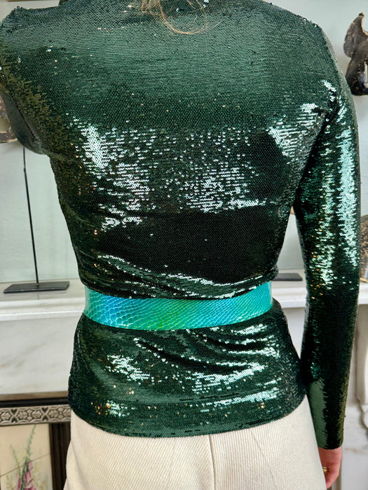 Illia, 60s geometric green leather belt