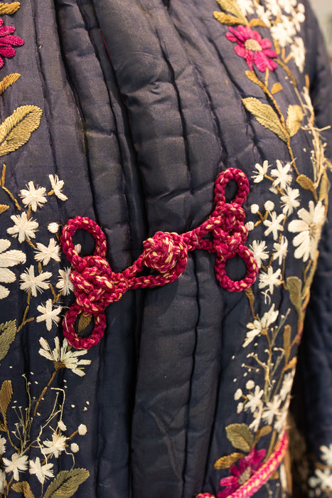 Tara, Victorian silk embroidered floral quilted long coat