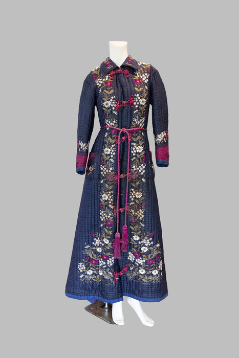 Tara, Victorian silk embroidered floral quilted long coat