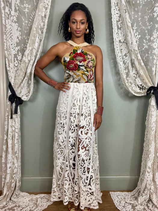 Eghi, Victorian tapestry and tape work lace dress