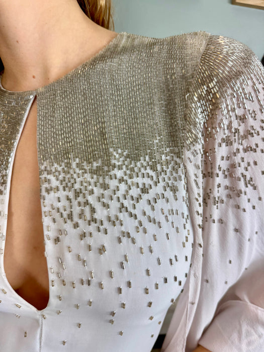 Amanda Wakely, grey Goddess beaded gown