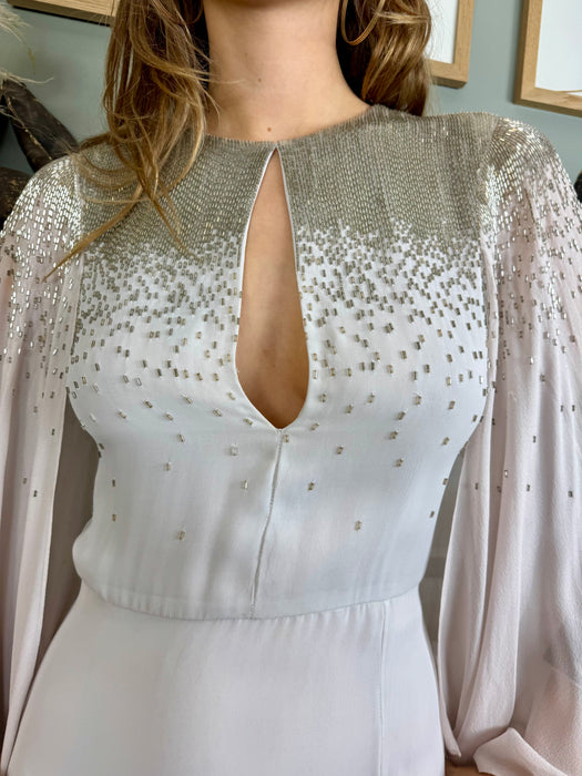Amanda Wakely, grey Goddess beaded gown