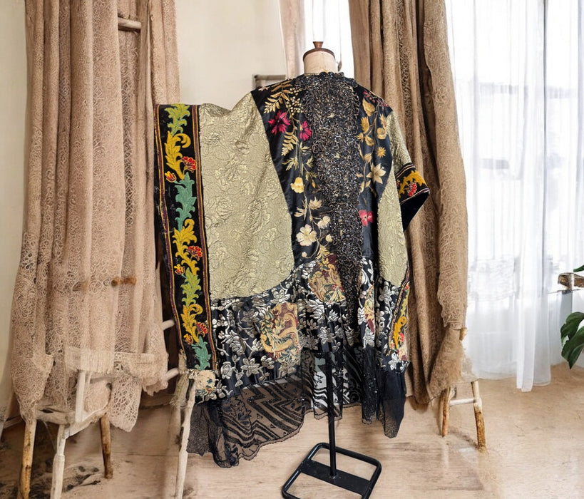 Bonnie, reworked gold brocade cape with Edwardian and beaded trims
