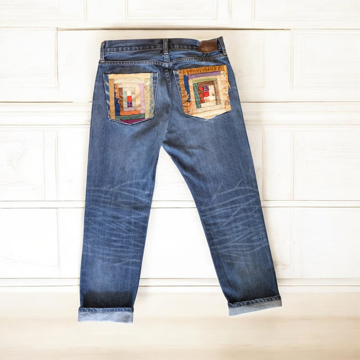 OV Denim, 70s jeans with Victorian hand embroidered patches