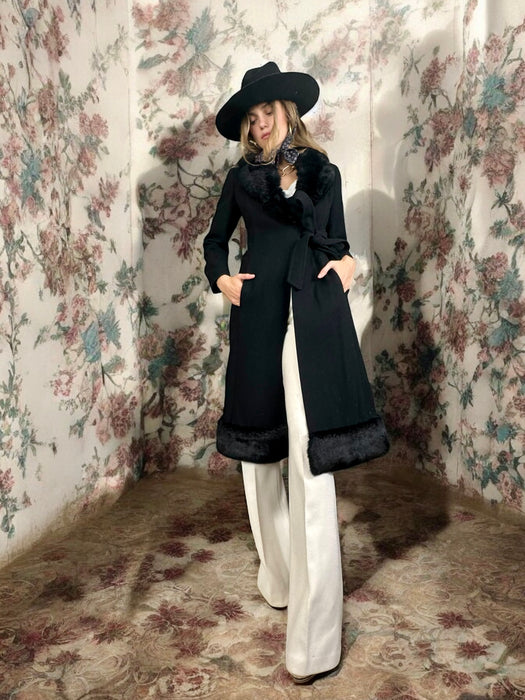Jara, 70s black wool fur coat